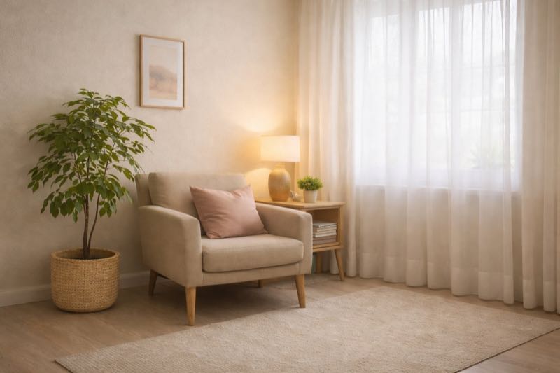 Sala de atendimento com poltrona confortável, planta e luz natural