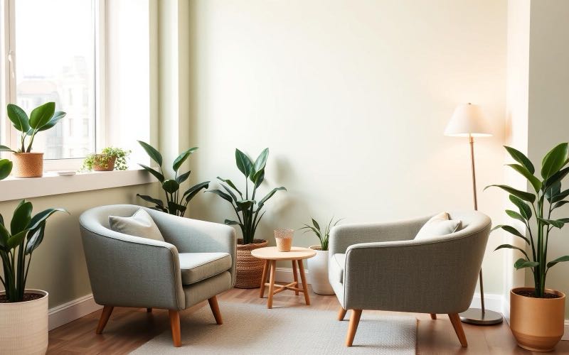 Ambiente com duas poltronas voltadas uma para a outra, plantas e luz natural