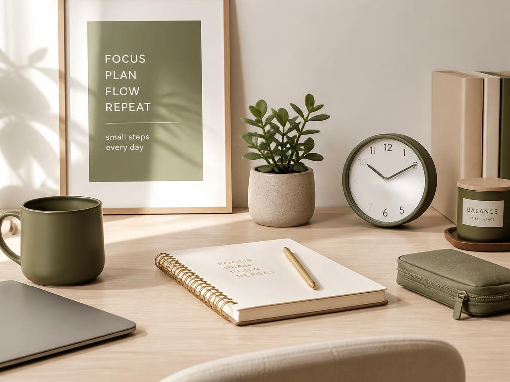 Mesa organizada com caderno e planta